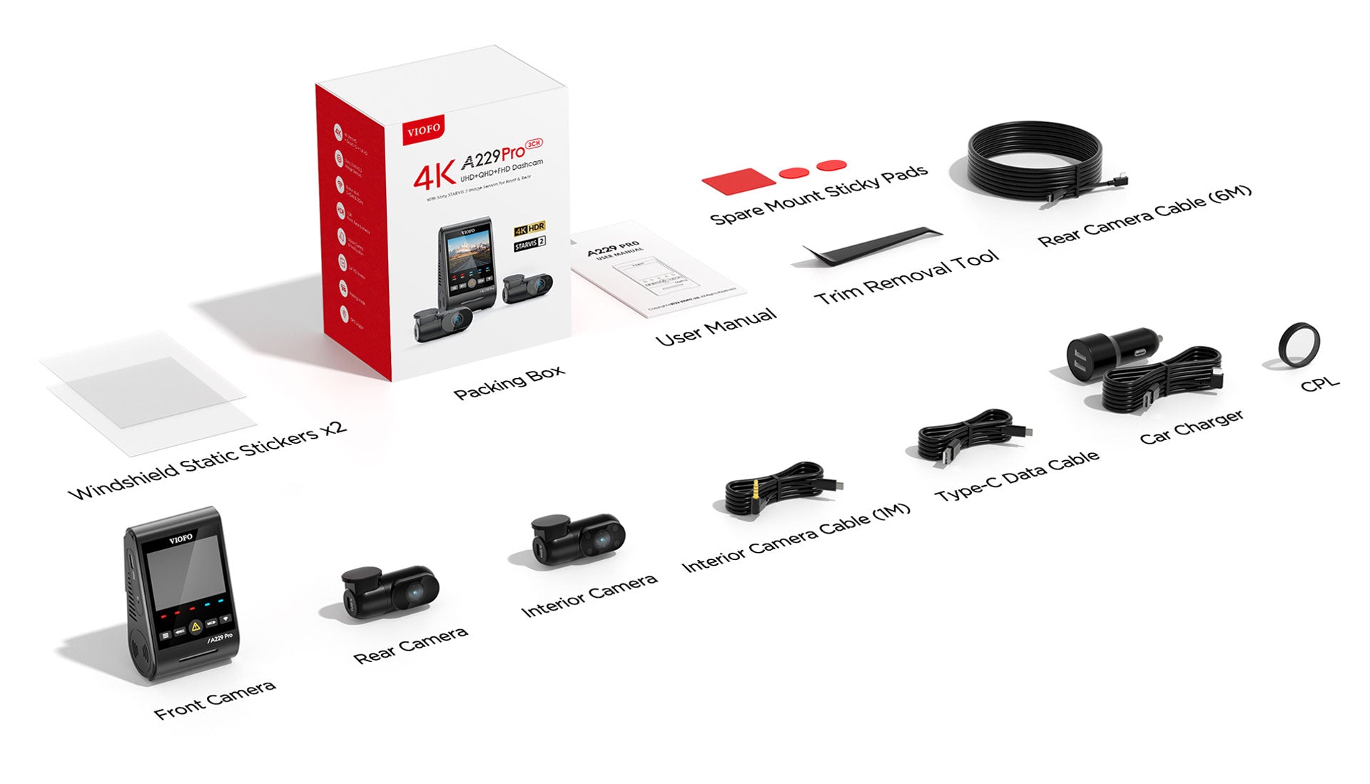 VIOFO A229 Pro 3CH - 4K Ultra-HD Sony STARVIS™ 2 - 4K Front, 2K Rear, FHD Interior